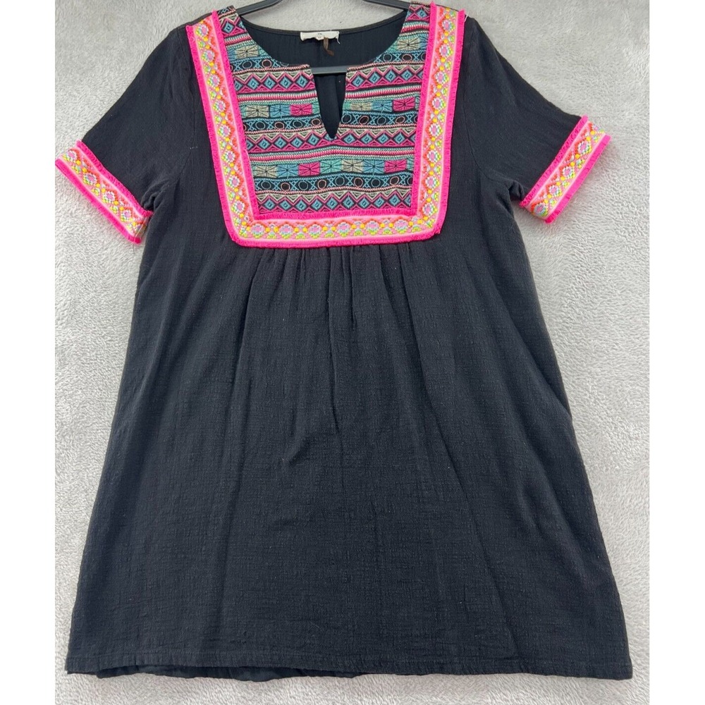Entro Mini Dress Women's Medium Embroidered Shift Black Boho Fringe